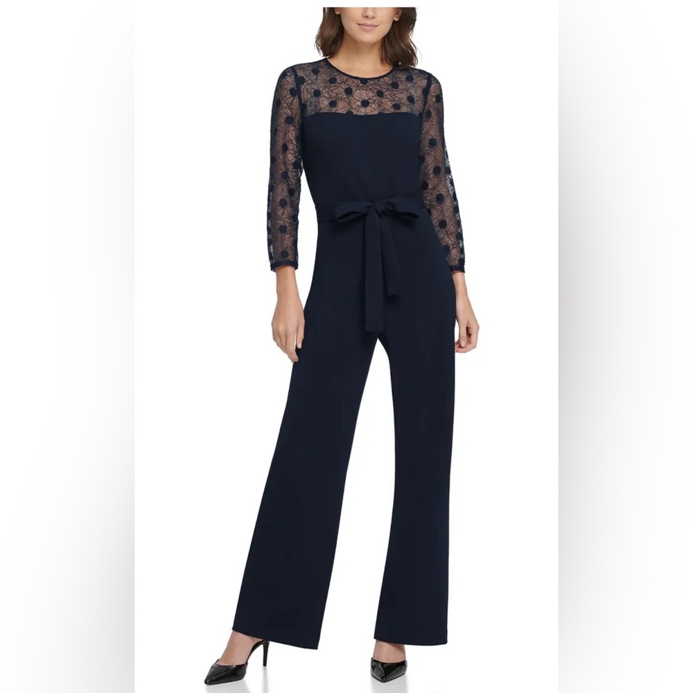 Dkny Women's Navy Lace 3/4 Sleeve Evening Wide Leg Jumpsuit